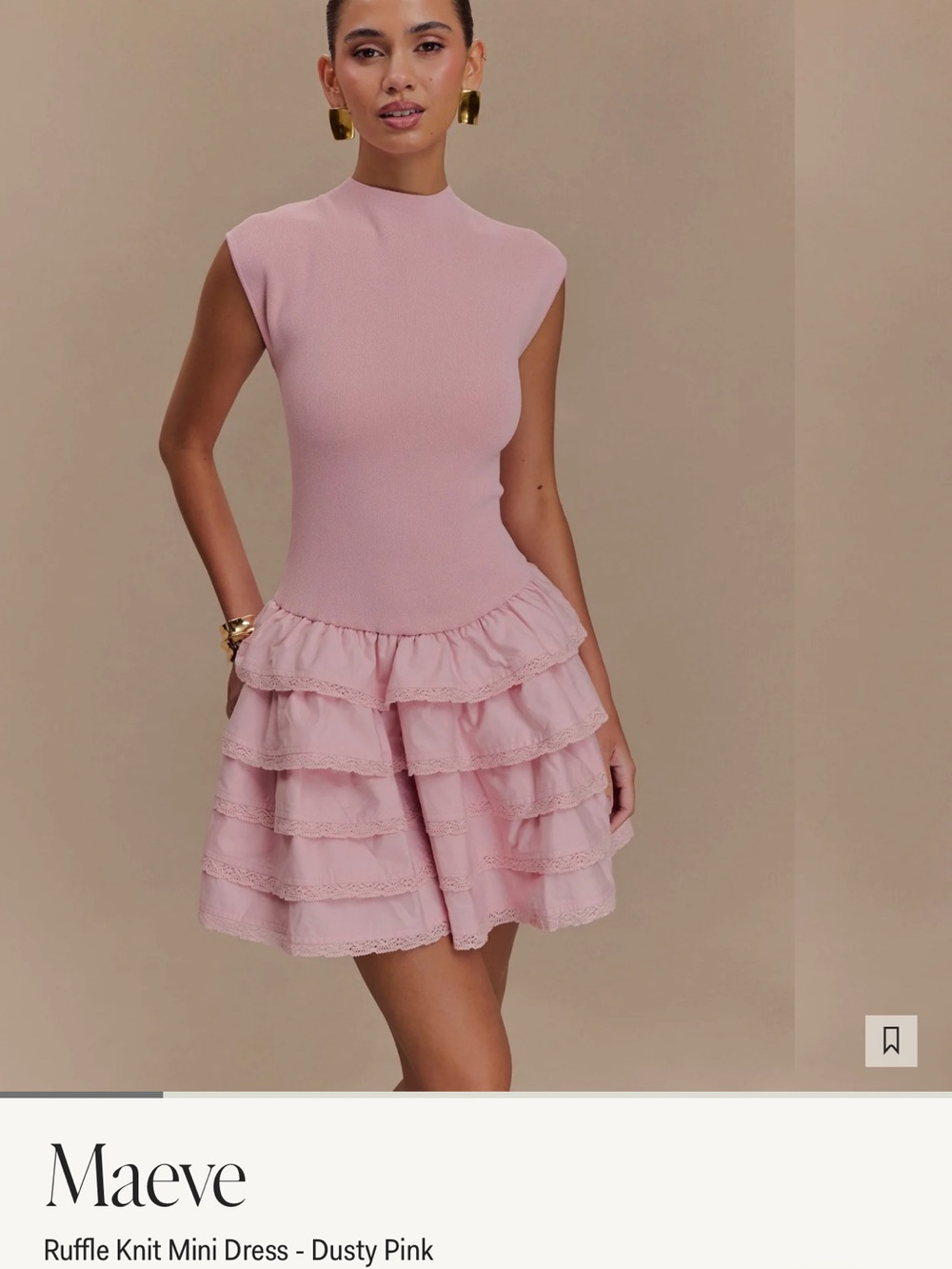 Maeve Pink Mock-Neck Ruffle Knit Mini Dress